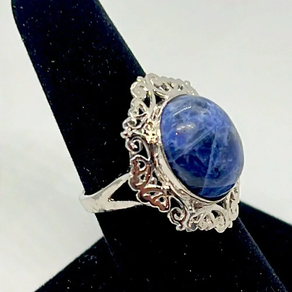 Beautiful Vintage Silver Ring With Blue Marbled Stone